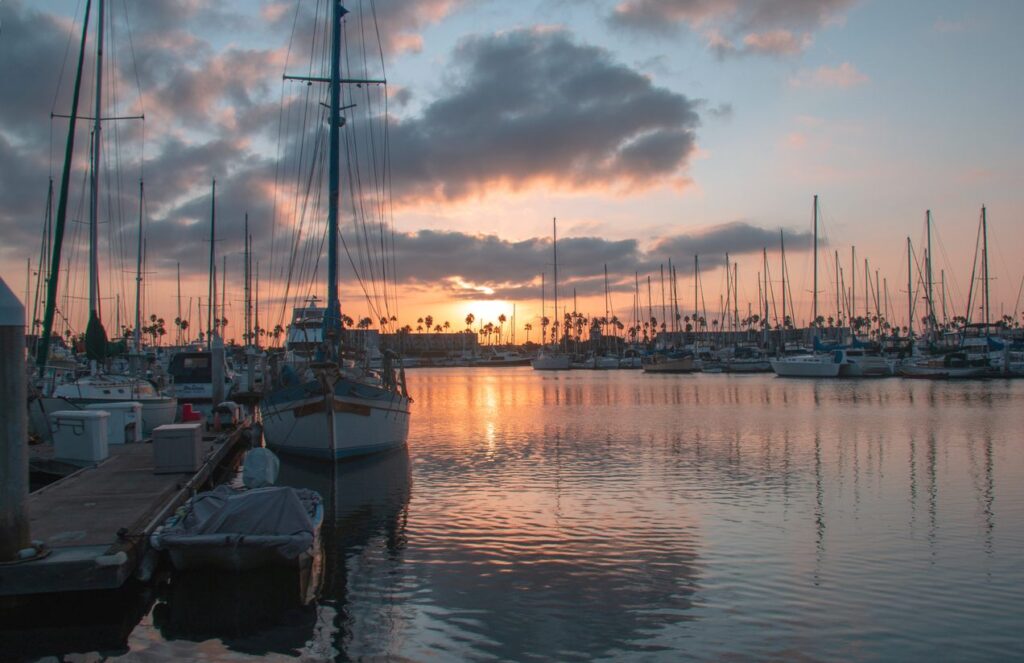 Sunrise over sailboats in the Channel Islands Harbor near Port Hueneme.
