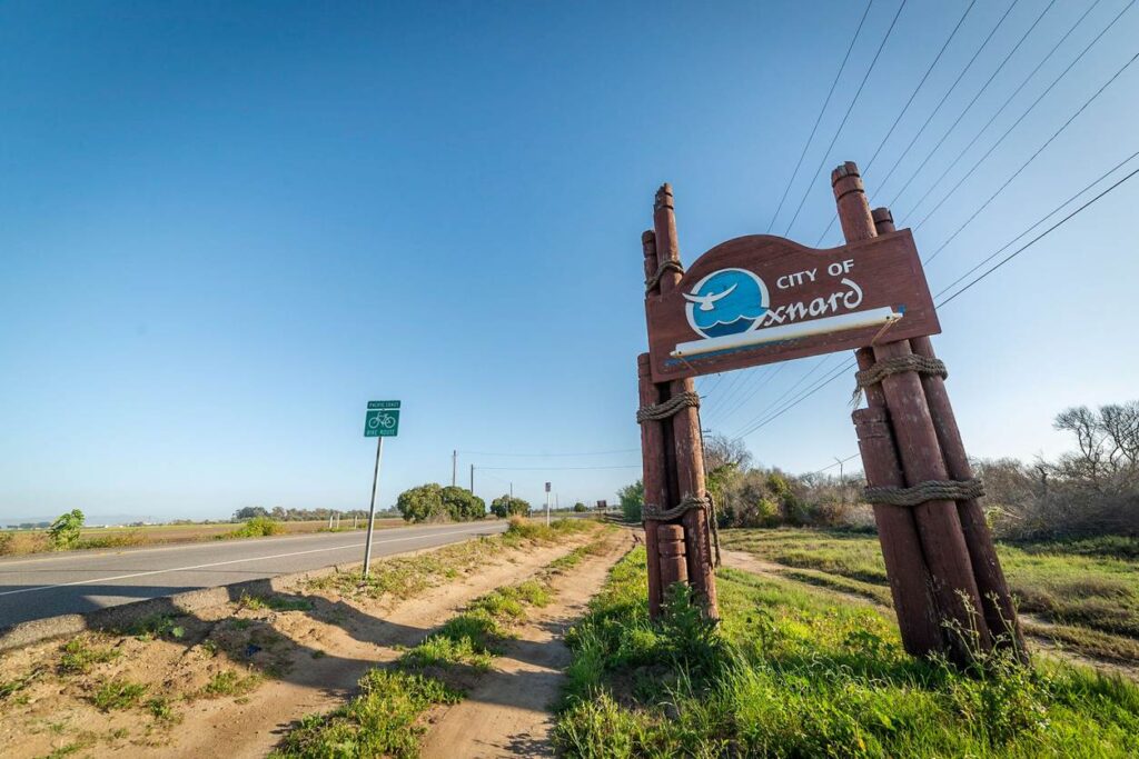 Welcome sign at the border between Oxnard and Ventura in Southern California.